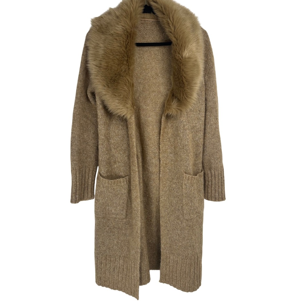 Ann Taylor Wool Mohair Blend Faux Fur Collar Long Cardigan Sweater Tan M Cozy